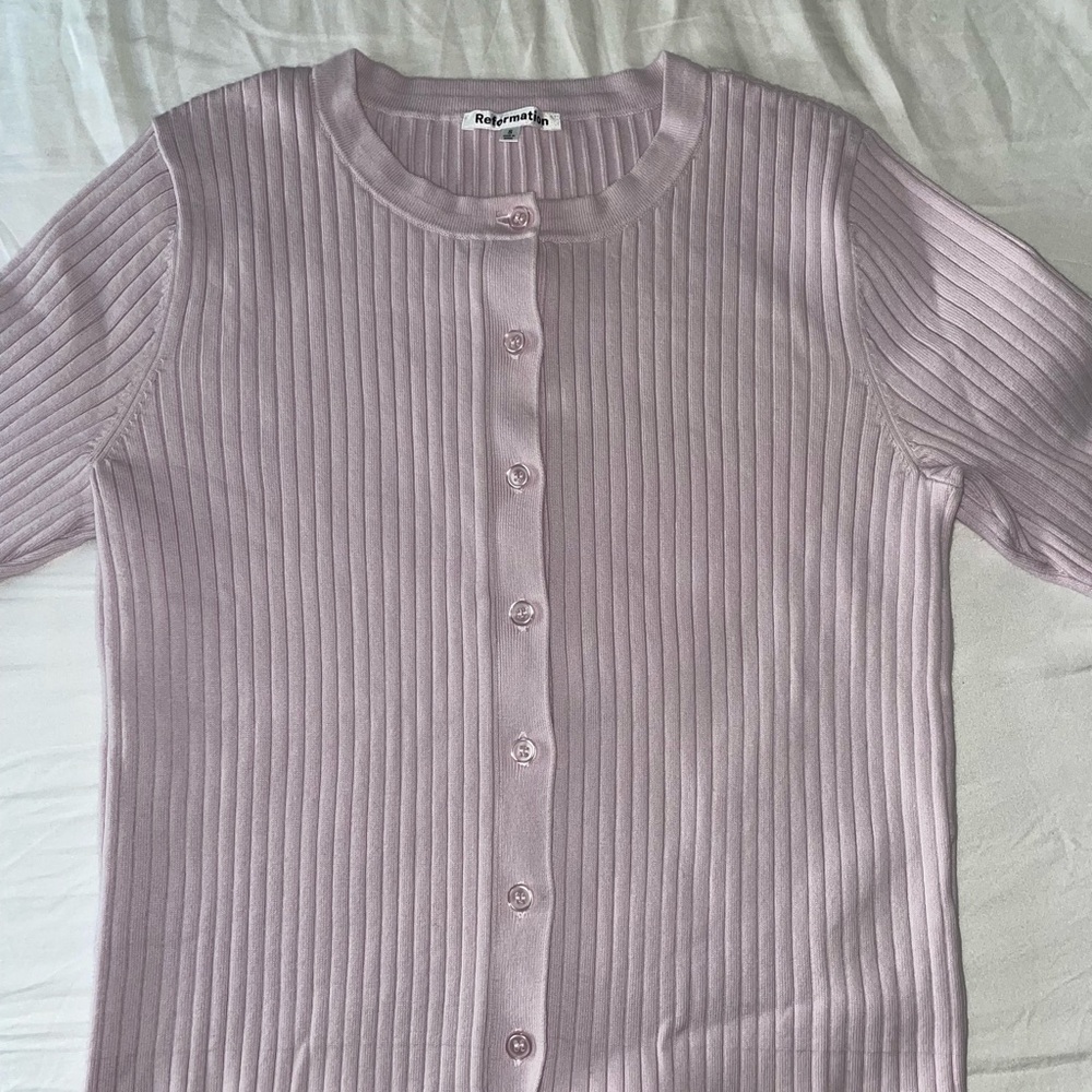 Reformation Pale Lilac Ribbed Button-Front Cardigan